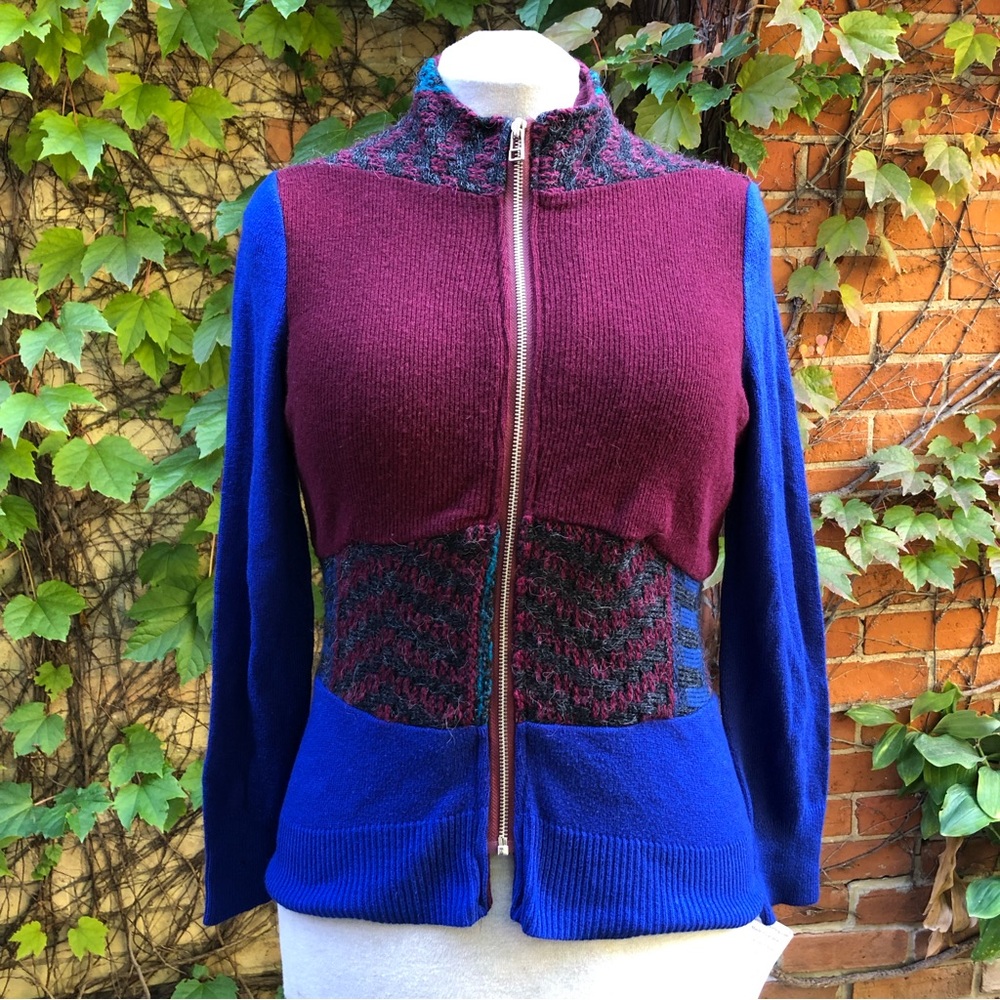 Upcycled Patchwork Keystone Sweater Blue Burgundy Medium Zip Up Fall Winter
